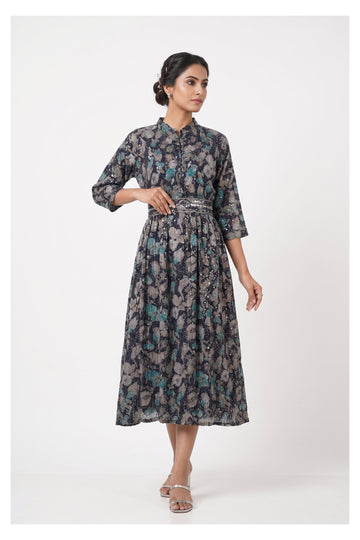 Grey & Teal Floral Printed Flared Indowestern Dress