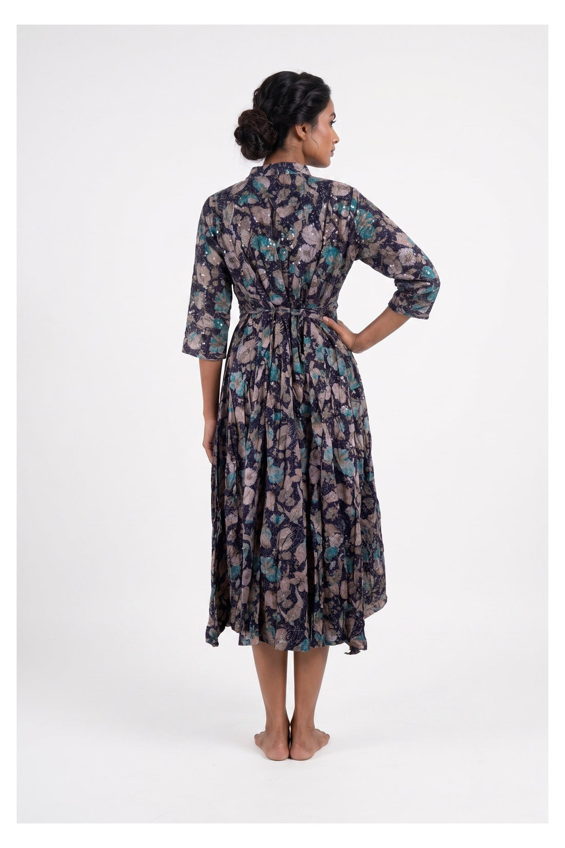 Grey & Teal Floral Printed Flared Indowestern Dress