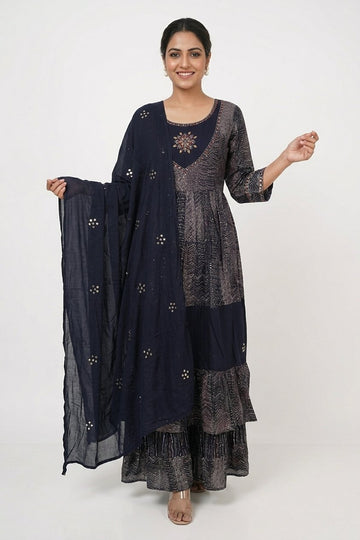Midnight Blue Printed Layered Gown Set