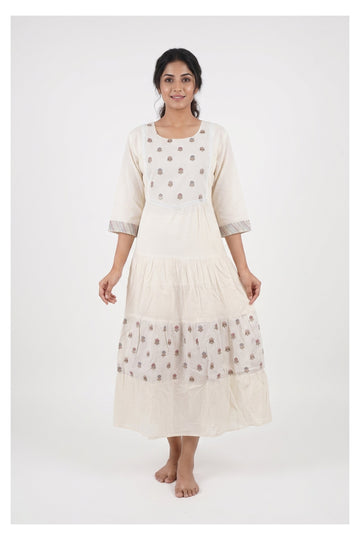 Off White Floral Embroidered Tiered Indowestern Dress