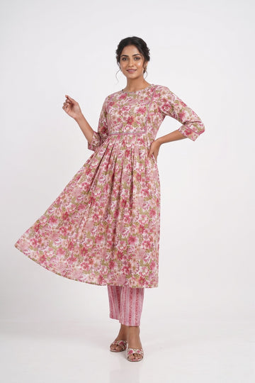 Rosy Bloom Flared Kurta Co-Ord Set