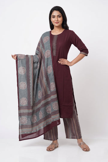 Wine Grey Ethnic Kurta Pant Dupatta Set