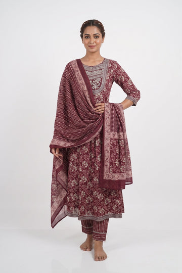 Royal Wine Floral Printed Kurta Pant Dupatta Set