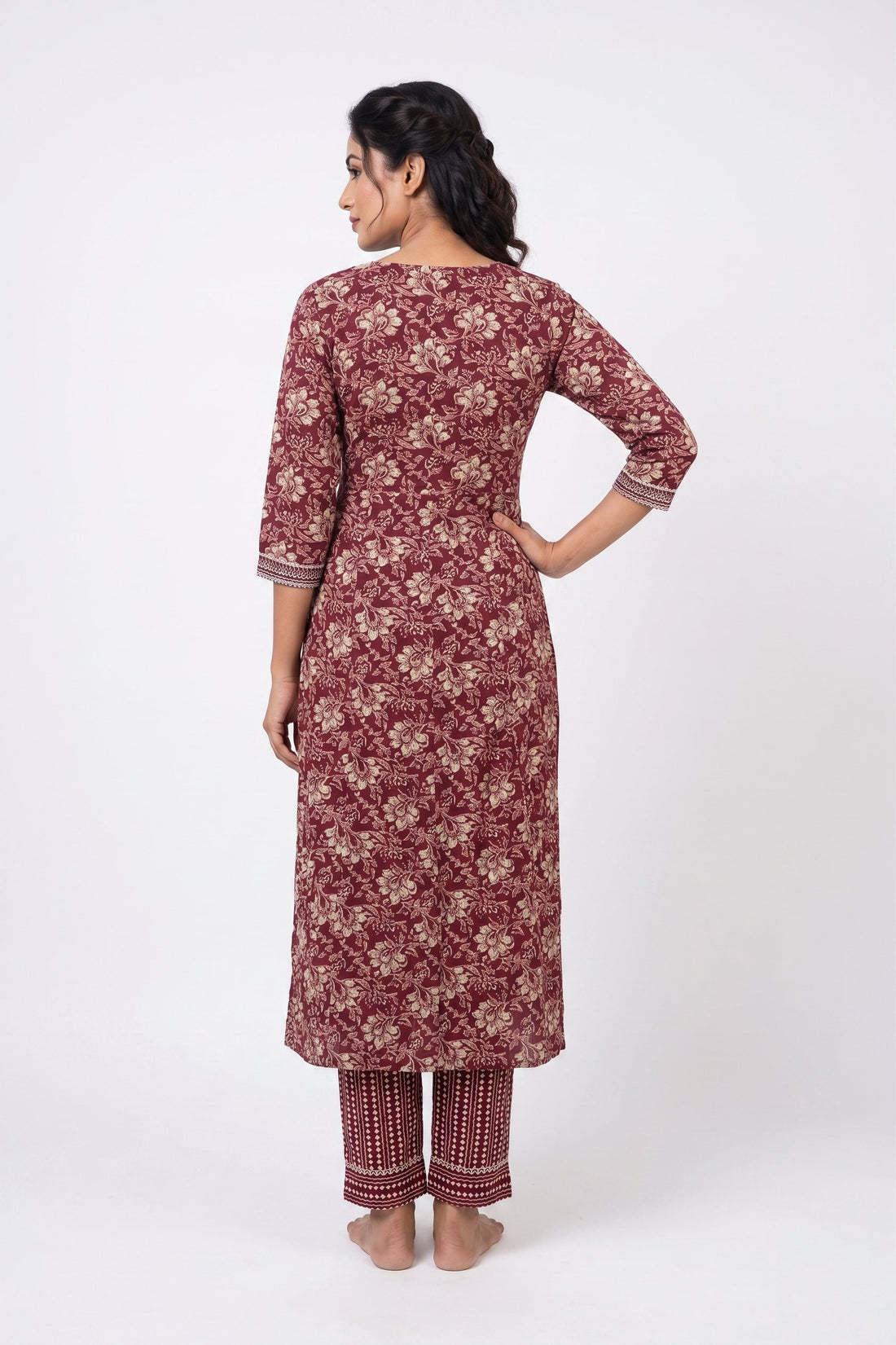 Royal Wine Floral Printed Kurta Pant Dupatta Set