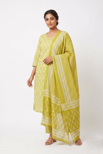 Lime Green Printed Kurta Pant Dupatta Set