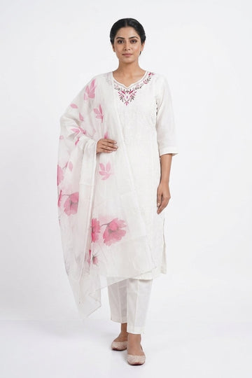Snow White Floral Embroidered Kurta Set