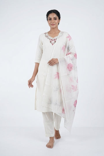Ivory Floral Embroidered Kurta Set With Printed Dupatta
