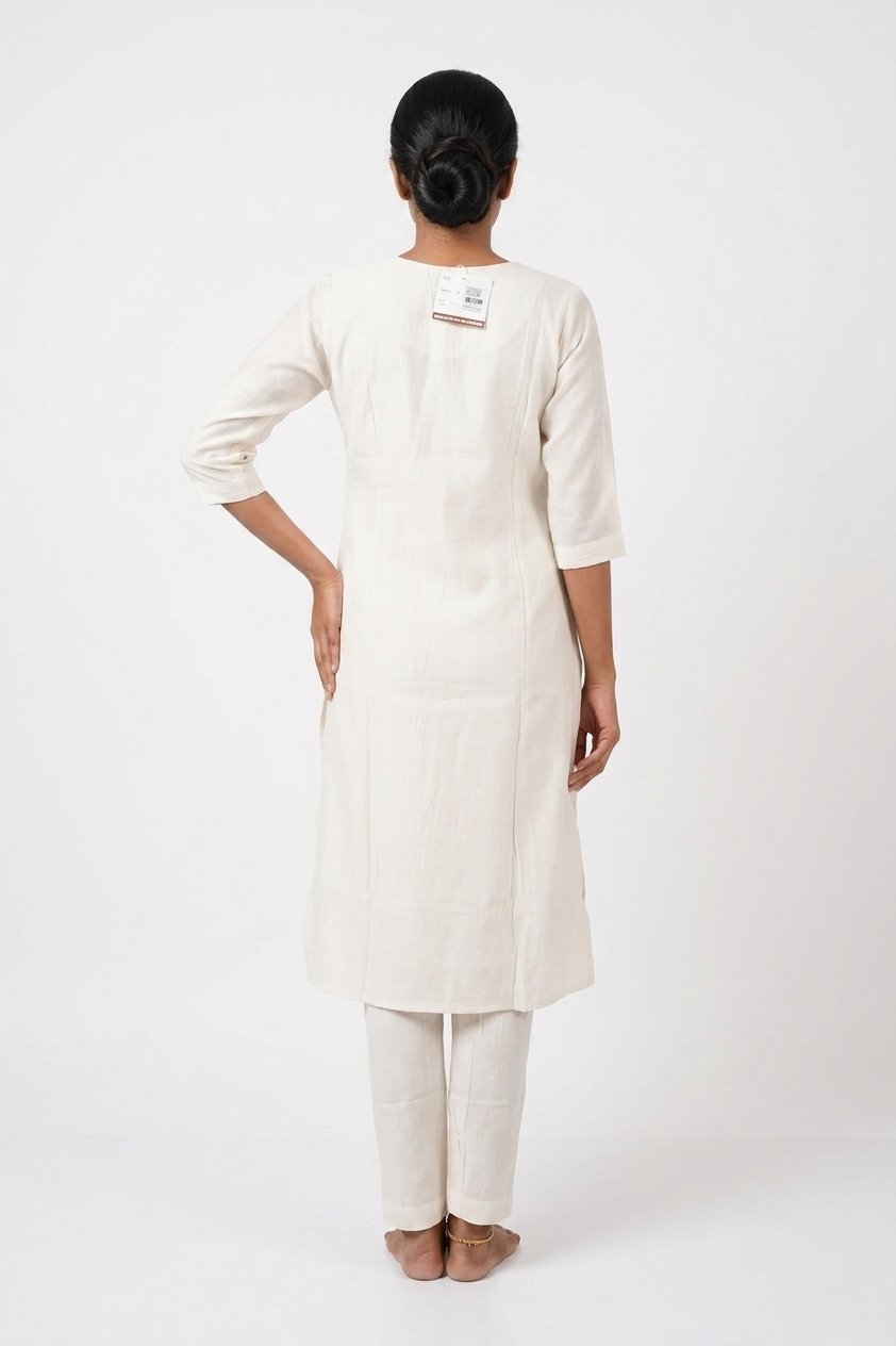 Ivory Floral Embroidered Kurta Set With Printed Dupatta