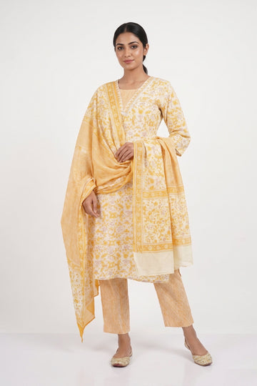Pastel Yellow Floral Printed Kurta Pant Dupatta Set
