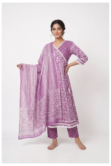 Lavender Printed Kurta Pant Set With Dupatta