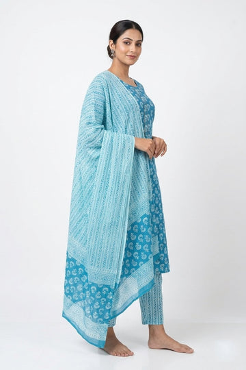 Sky Blue Ethnic Printed Kurta Set With Dupatta