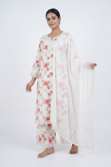 Ivory Floral Printed Kurta Palazzo Set With Dupatta