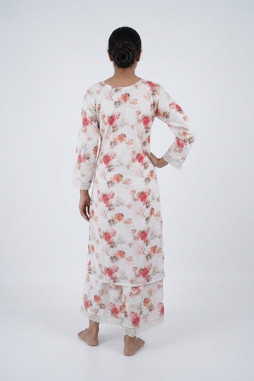 Ivory Floral Printed Kurta Palazzo Set With Dupatta