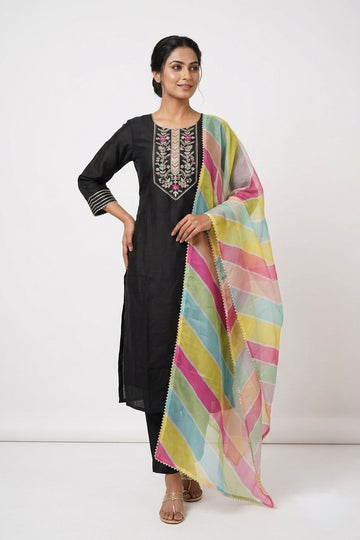 Midnight Black Embroidered Kurta Set With Multicolor Dupatta