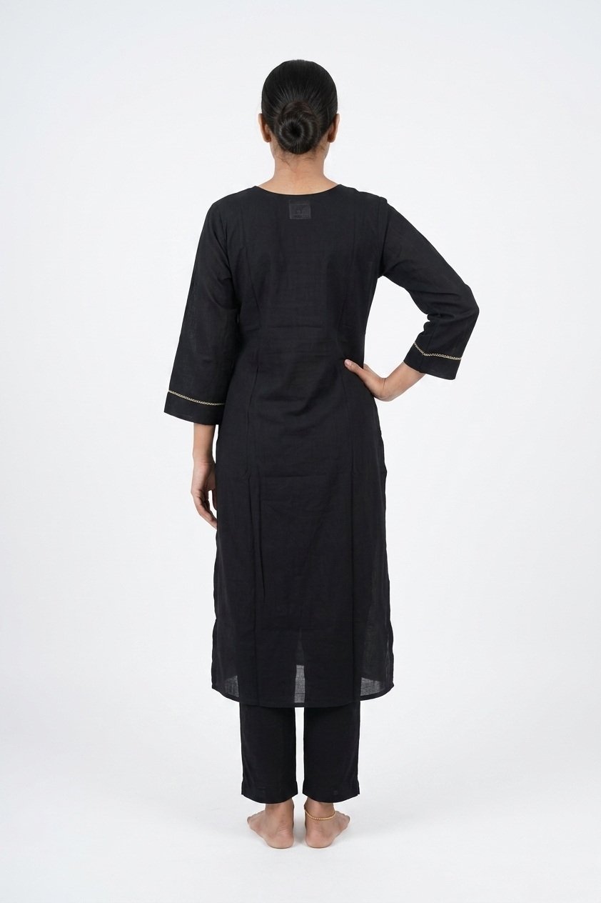 Midnight Black Embroidered Kurta Set With Multicolor Dupatta