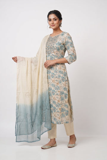 Aqua Bloom Printed Kurta Set With Shaded Dupatta