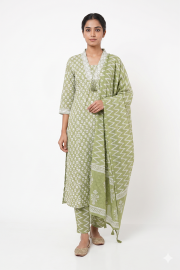 Sage Green Printed Kurta Pant Dupatta Set
