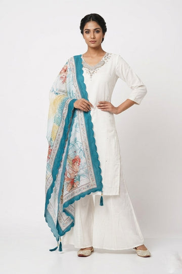 Ivory Elegance Floral Dupatta Kurta Palazzo Set