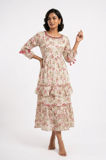 Cream Floral Tiered Maxi Dress