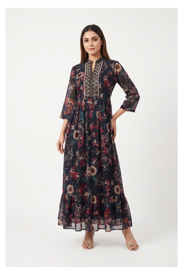 Midnight Blossom Designer Maxi Dress
