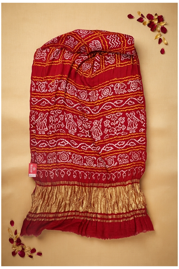 Crimson Red Bandhni Gharchola Gajji Silk Wedding Saree