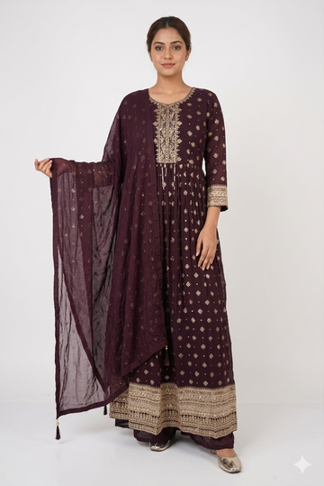Wine Purple Embroidered Anarkali Suit Set With Dupatta
