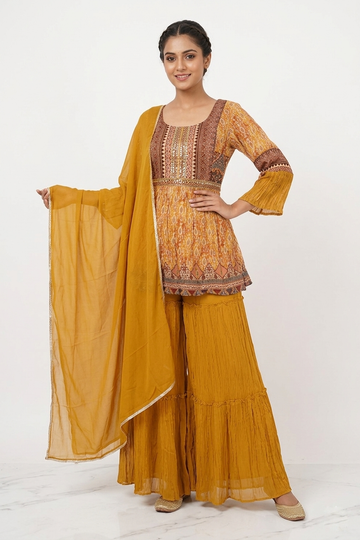 Mustard Yellow Printed Kurta Sharara Set With Dupatta