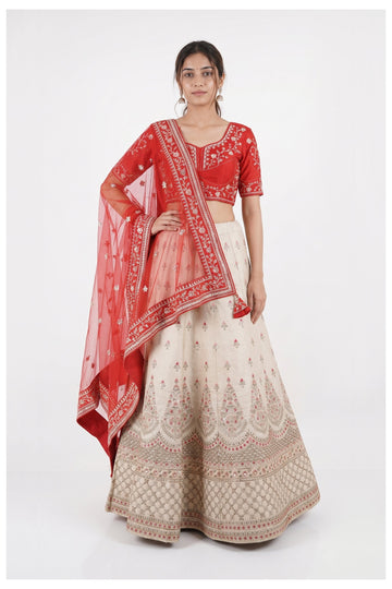 Ivory Embroidered Lehenga Choli With Red Net Dupatta