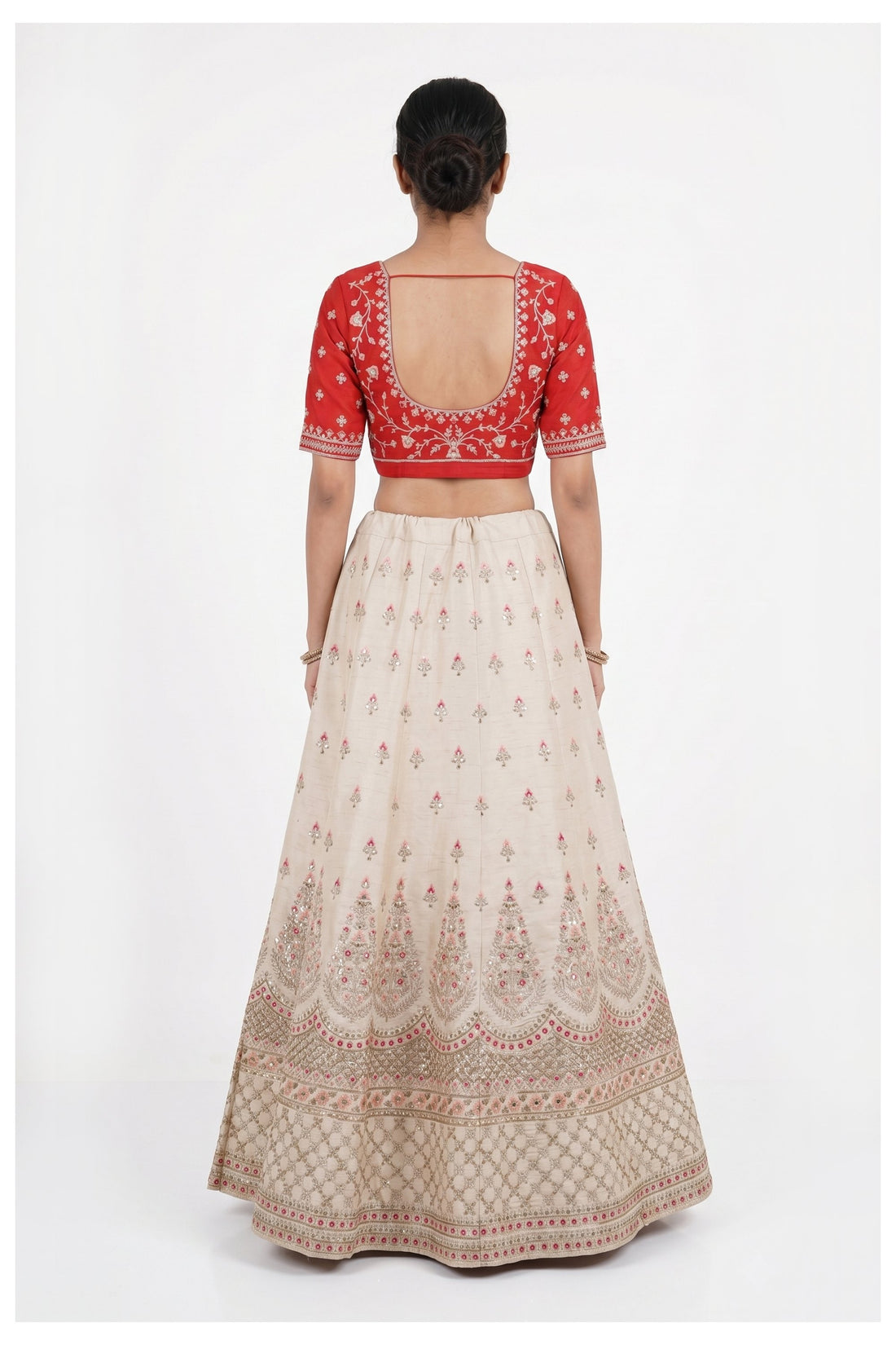 Ivory Embroidered Lehenga Choli With Red Net Dupatta
