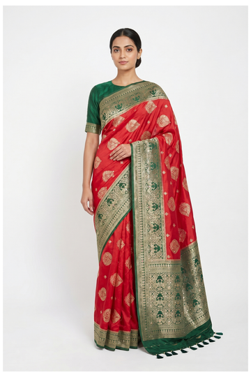 Crimson Red Banarasi Art Silk Saree With Weaving