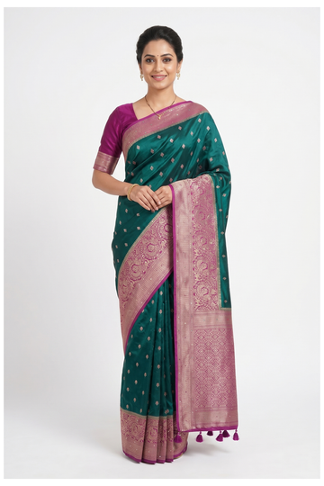 Royal Bottle Green Banarasi Silk Saree With Weaving