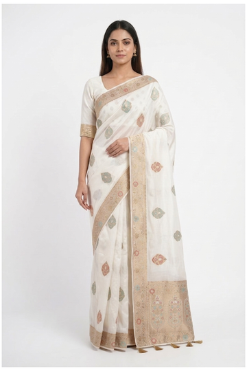 Ivory Banarasi Dola Silk Wedding Party Wear Saree
