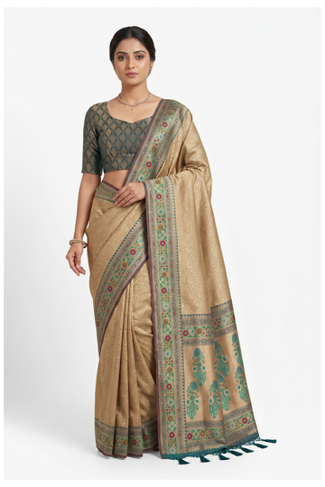 Champagne Banarasi Silk Saree With Jaal Weaving