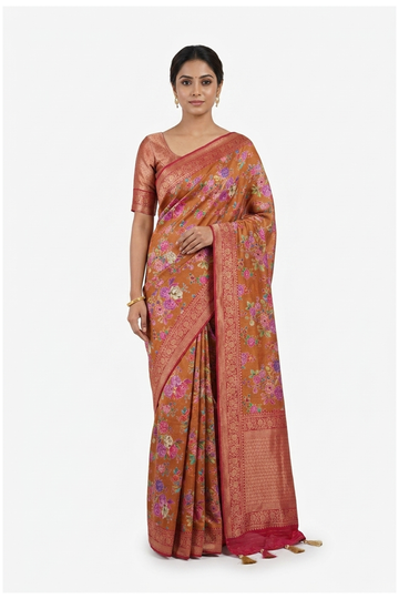 Rust Banarasi Silk Dola Silk Wedding Party Wear Saree