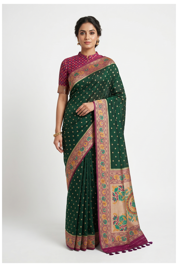 Glossy Bottle Green Banarasi Silk Saree With Weaving