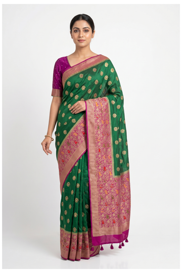 Trending Bottle Green Banarasi Silk Saree With Weaving