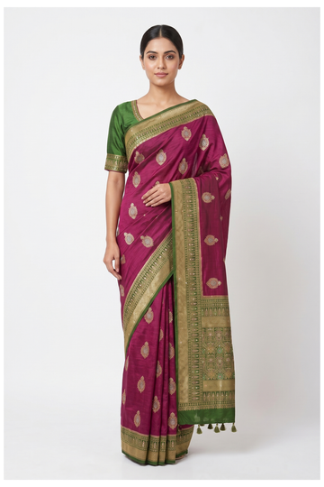 Glossy Maroon Banarasi Silk Saree With Weaving