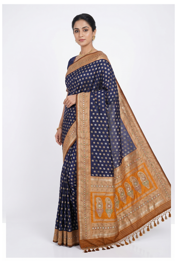 Glossy Navy Blue Banarasi Silk Saree With Weaving, Hand Work