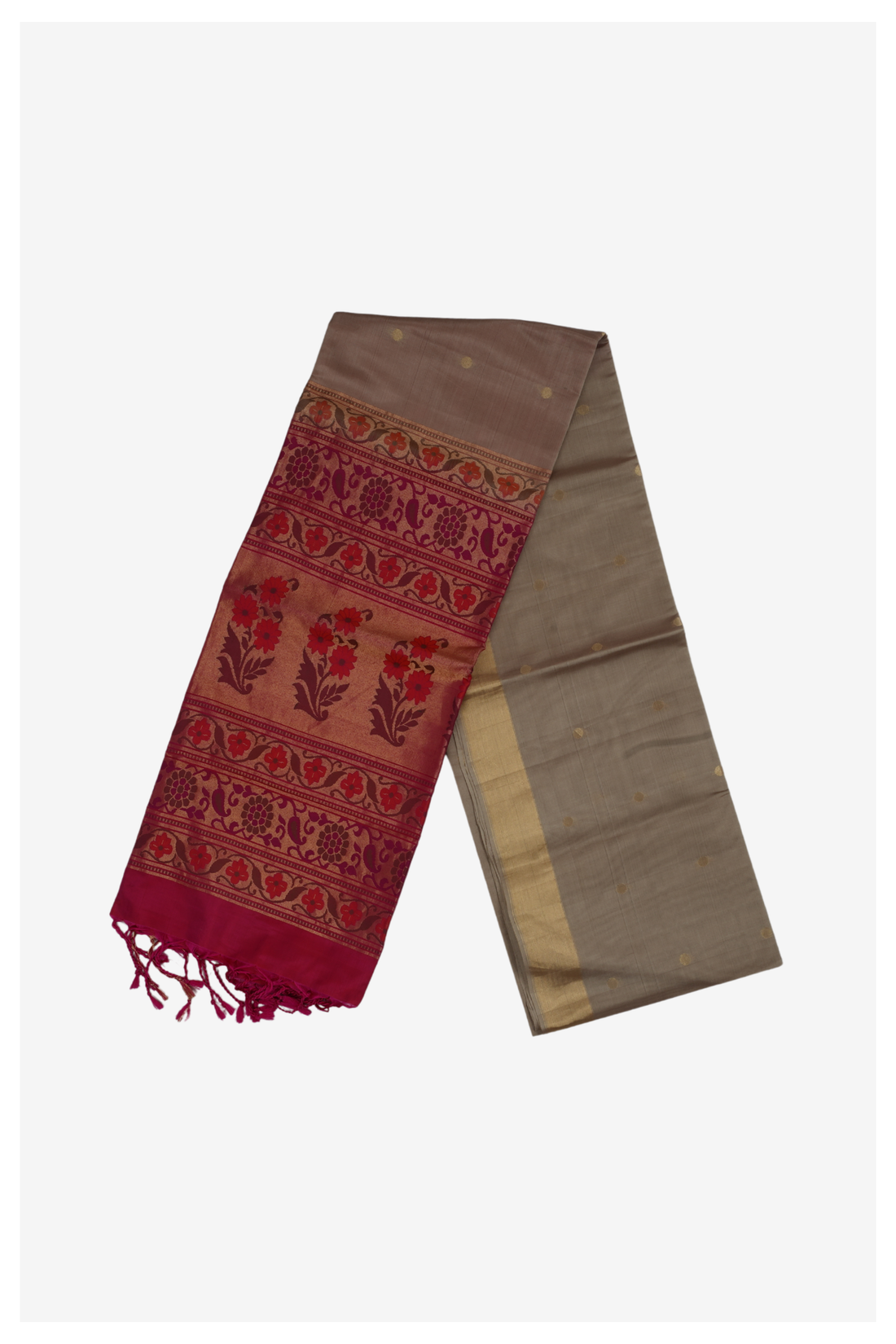 Elegant Dove Grey Banarasi Silk Saree With Floral Woven Rich Pallu