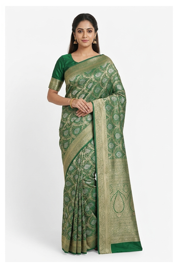 Bottle Green Pure Silk South Saree For Weddings & Parties