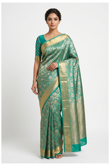 Teal Banarasi Silk Saree With Jaal Weaving