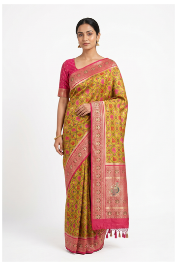 Chartreuse Green Patola Saree,Banarasi Silk Saree With Weaving