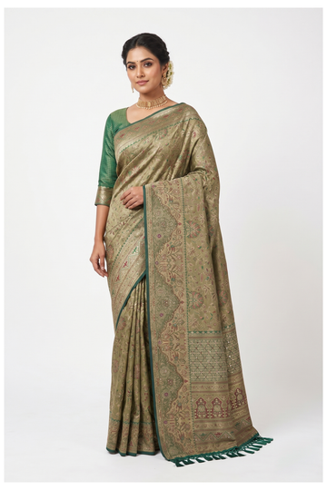 Light Olive Green Tissue Silk South Saree For Wedding And Partywear