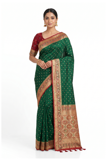 Glossy Bottle Green Banarasi Silk Saree With Weaving, Hand Work