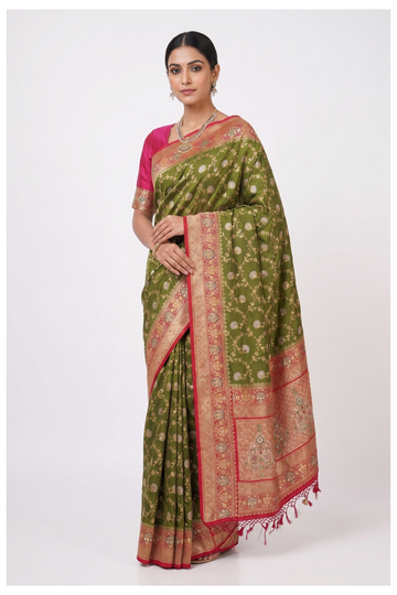 Olive Green Banarasi Silk Saree With Weaving