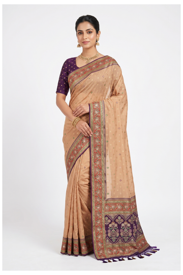 Peach Beige Banarasi Silk Saree With Weaving