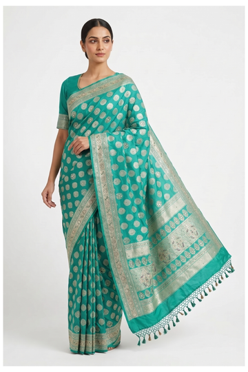 Glossy Teal Banarasi Silk Saree With Weaving