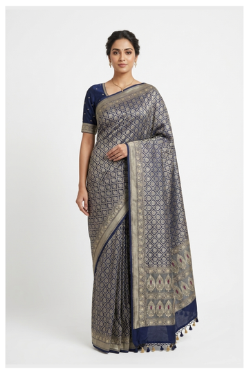 Glossy Navy Blue Banarasi Silk Saree With Weaving