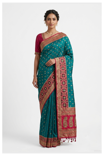 Glossy Teal Banarasi Silk Saree With Weaving