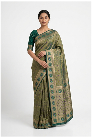 Olive Green Banarasi Tissue Silk Wedding Saree